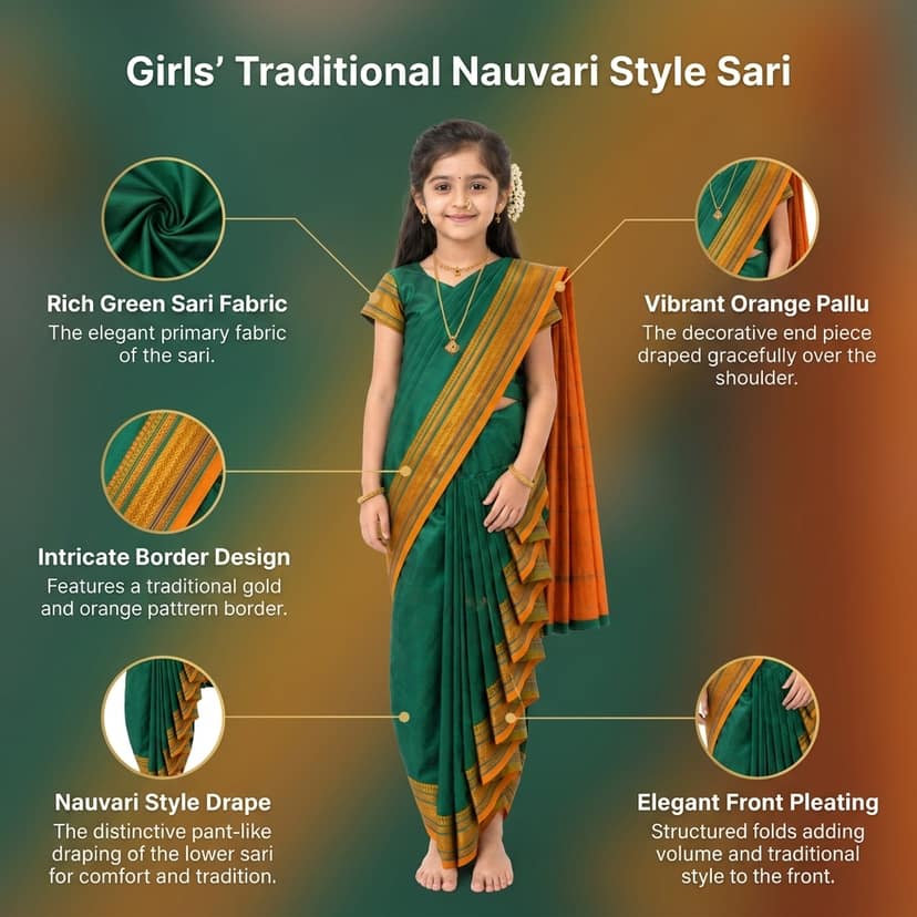 luster Shahi Mastani Nauvari saree for kids/girls Ready-to-wear with a stitched blouse, Traditional Maharashtrian Marathi saree, for School program ganpati pujas festival (Green, 12-13 Years) view 4