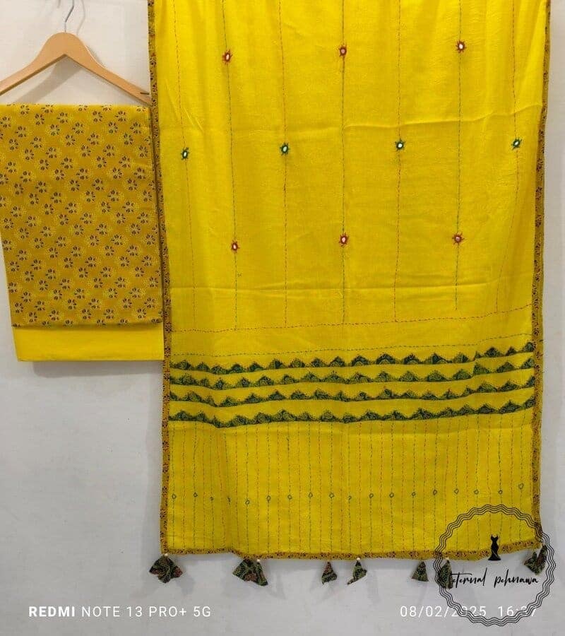 Pure Cotton Ajrakh Dress Material with Applique Design Dupatta in Beautiful Colors view 3