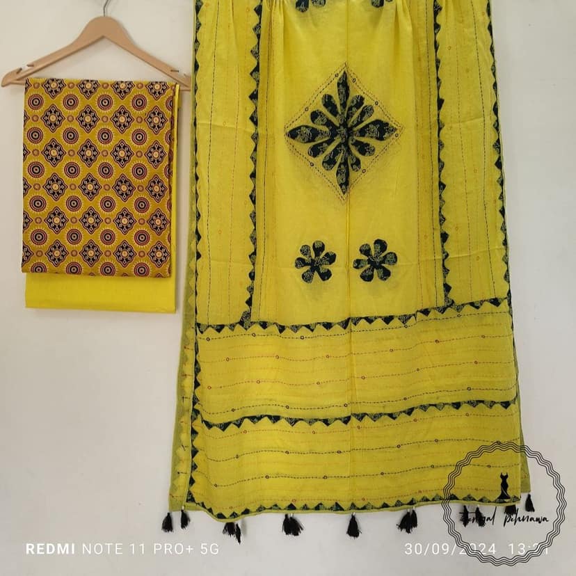Pure Cotton Ajrakh Dress Material with Applique Design Dupatta in Beautiful Colors view 5