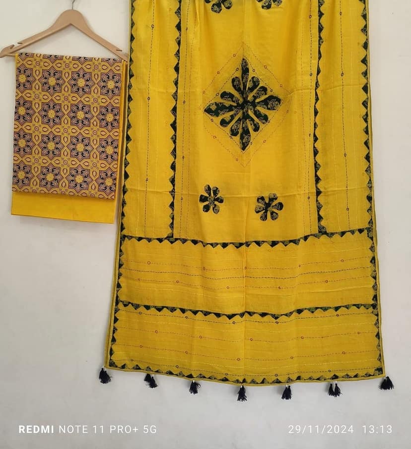 Pure Cotton Ajrakh Dress Material with Applique Design Dupatta in Beautiful Colors view 6