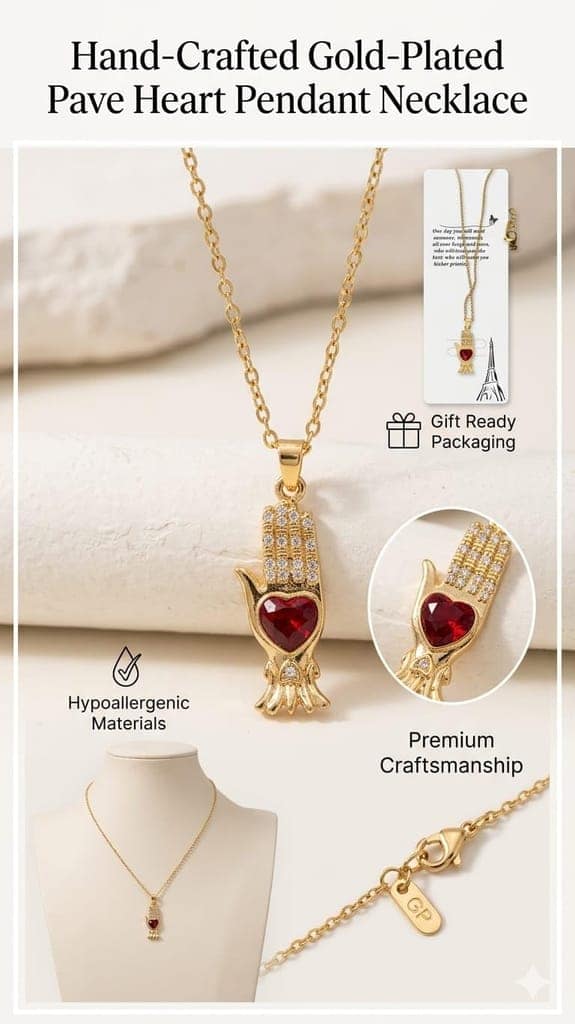 Hand-Crafted Gold-Plated Pendant Necklace, Hypoallergenic, Anti-Tarnish, Gift Gold Plated Chain with Locket for Women, Waterproof - Anti-Tarnish, Skin Friendly, Lightweight - Gift for Wife, Girlfriend, Friend, Sister (Pave Heart) view 3