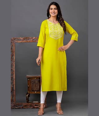 Kapadia Pack of 1 Rayon Embroidered Straight Women's Kurti - ( Yellow )