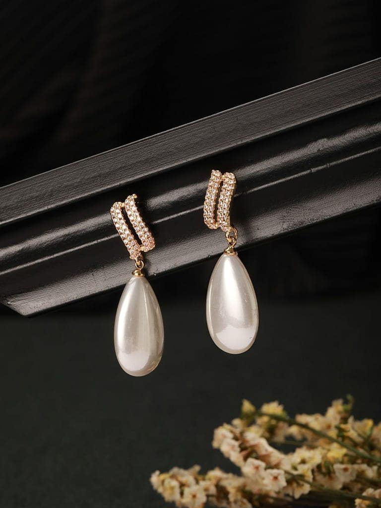 Gold Plated Tear Drop Pearl Studded Luxe Minimal Drop Earrings view 2