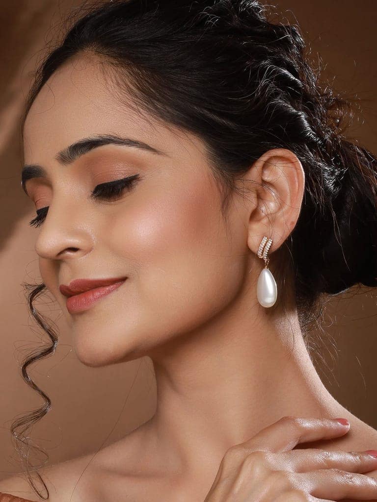 Gold Plated Tear Drop Pearl Studded Luxe Minimal Drop Earrings view 3