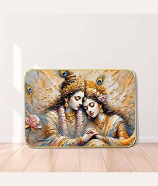Radha Krishna Wall Art | Divine Romantic Spiritual Painting with 3D Textured Effect & Peacock Feathers | HD Print on Premium MDF | Framed Decorative Artwork for Living Room, Pooja Room