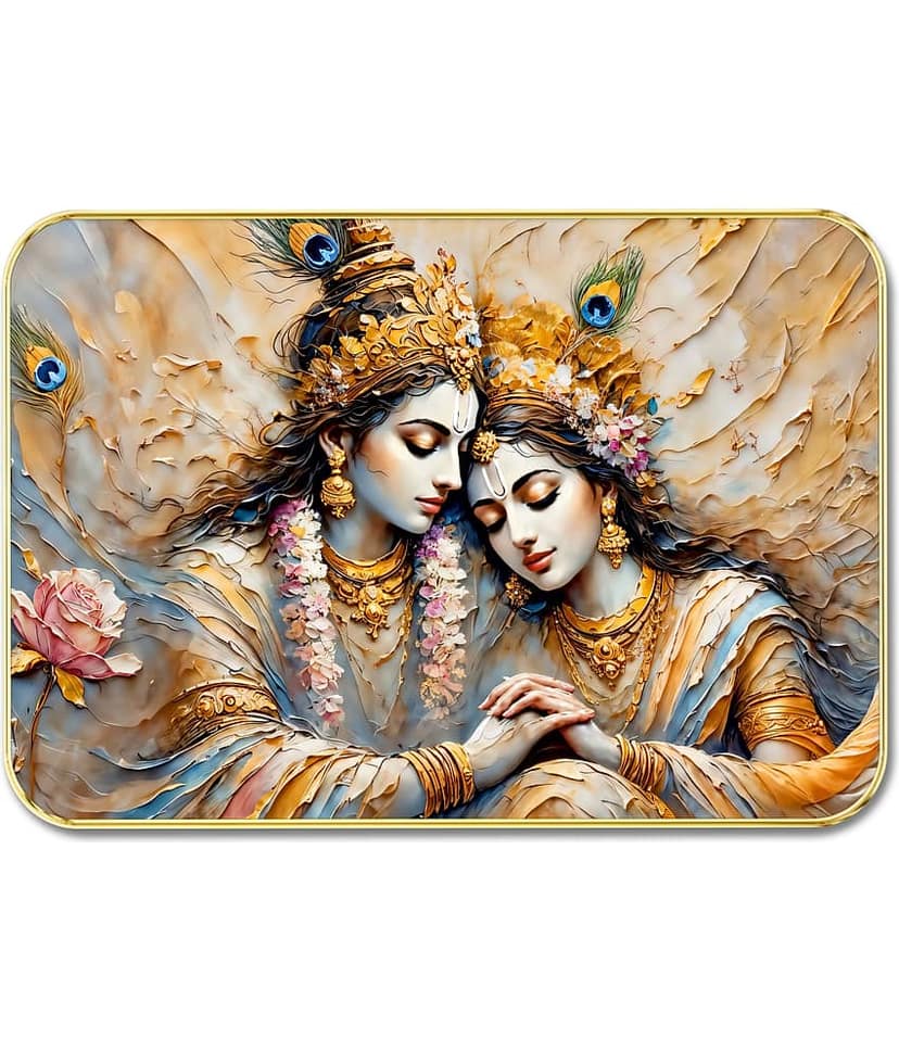 Radha Krishna Wall Art | Divine Romantic Spiritual Painting with 3D Textured Effect & Peacock Feathers | HD Print on Premium MDF | Framed Decorative Artwork for Living Room, Pooja Room view 2