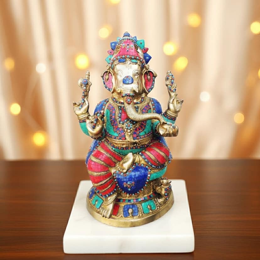 Brass Showpiece Ganesh Ji Big Stone God Idol Statue (BSMAS609)
