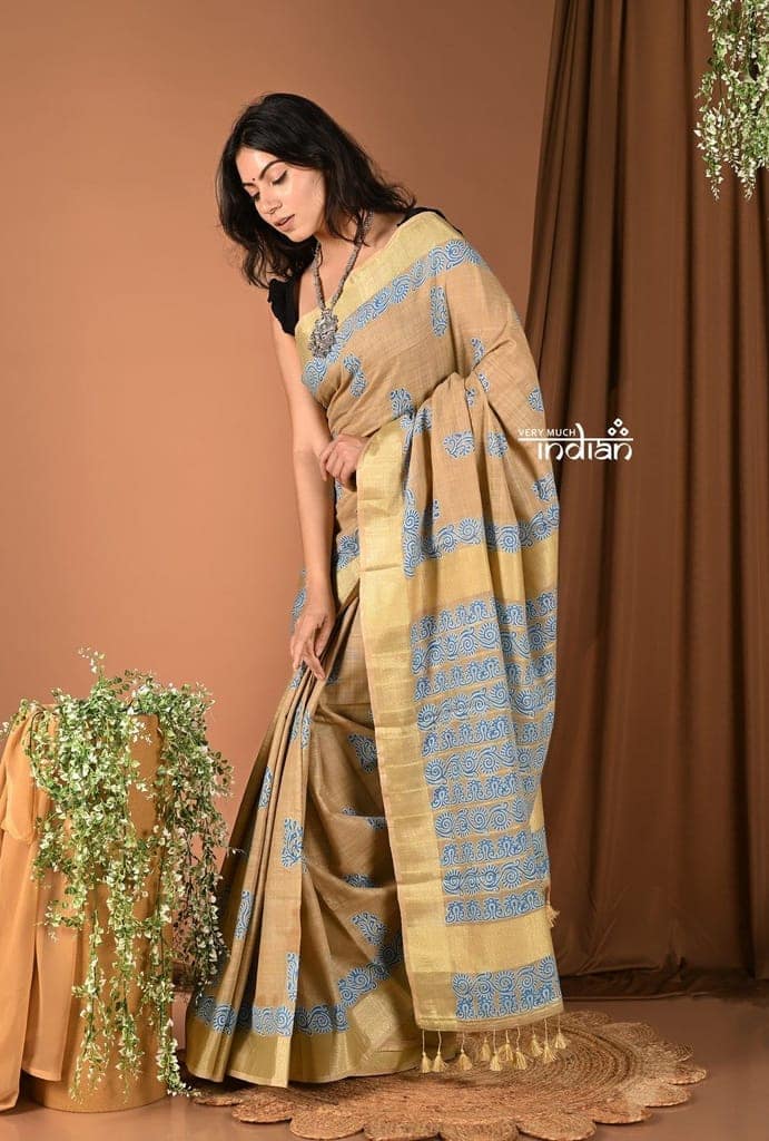 Khadi Handloom - Pure Cotton Handblock Printed Saree - Royal Mustard view 3