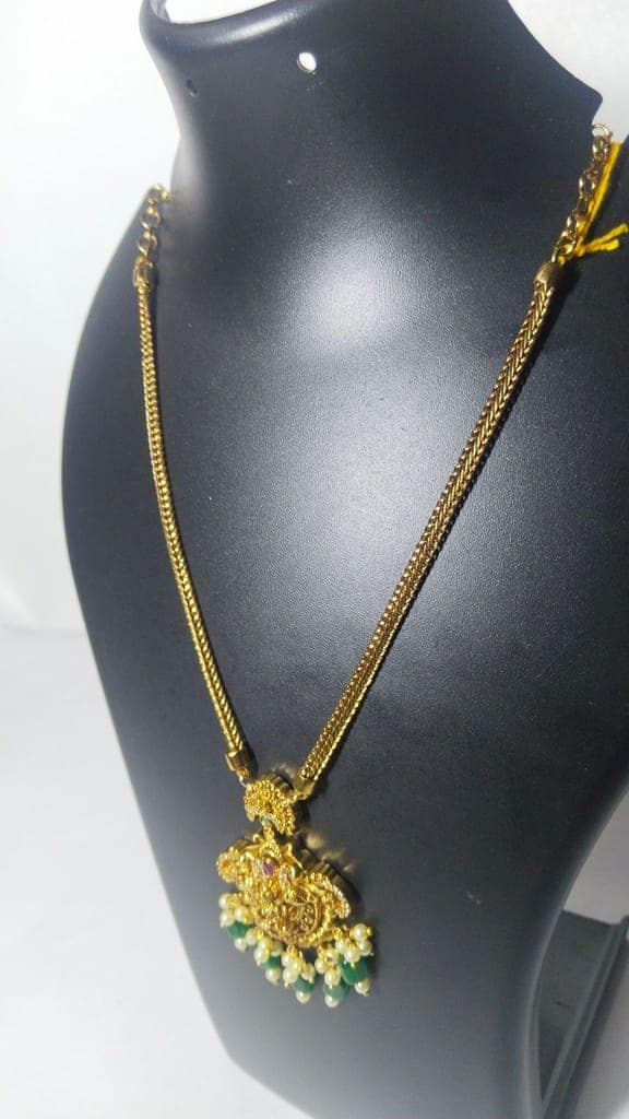Delicate Gold-Plated Pendant Necklace with Pearls and Green Stones view 2