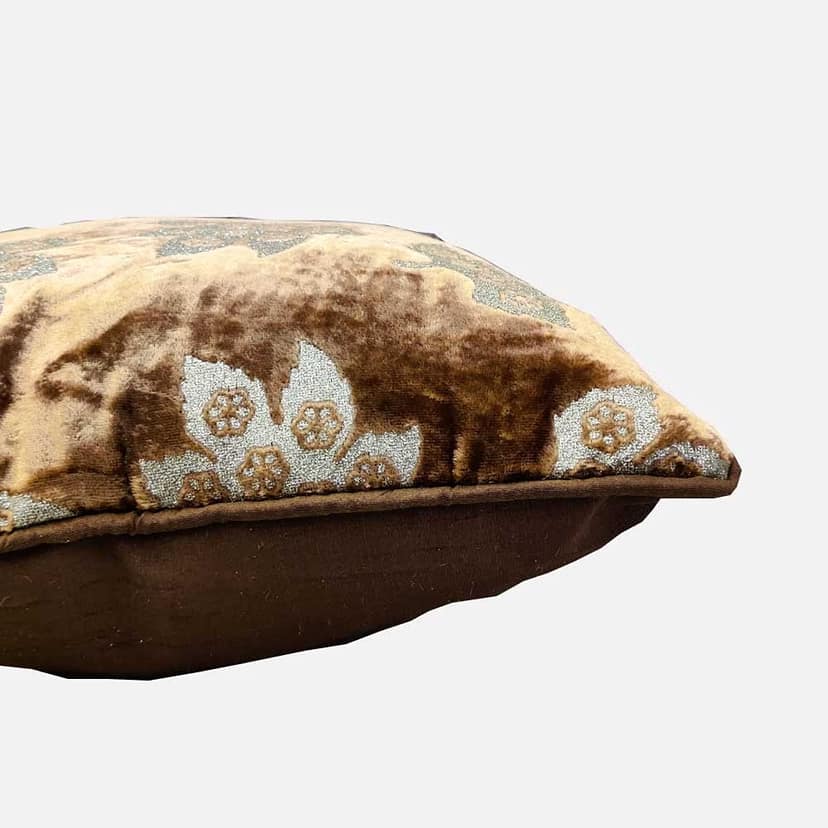 Brown Cushion Cover with Leaf Zari Embroidered Stitched Zippered Velvet Combo Cushion Cover (Gold ) | 16X16 Inches | 40cm * 40 cm I Set of 5 view 3