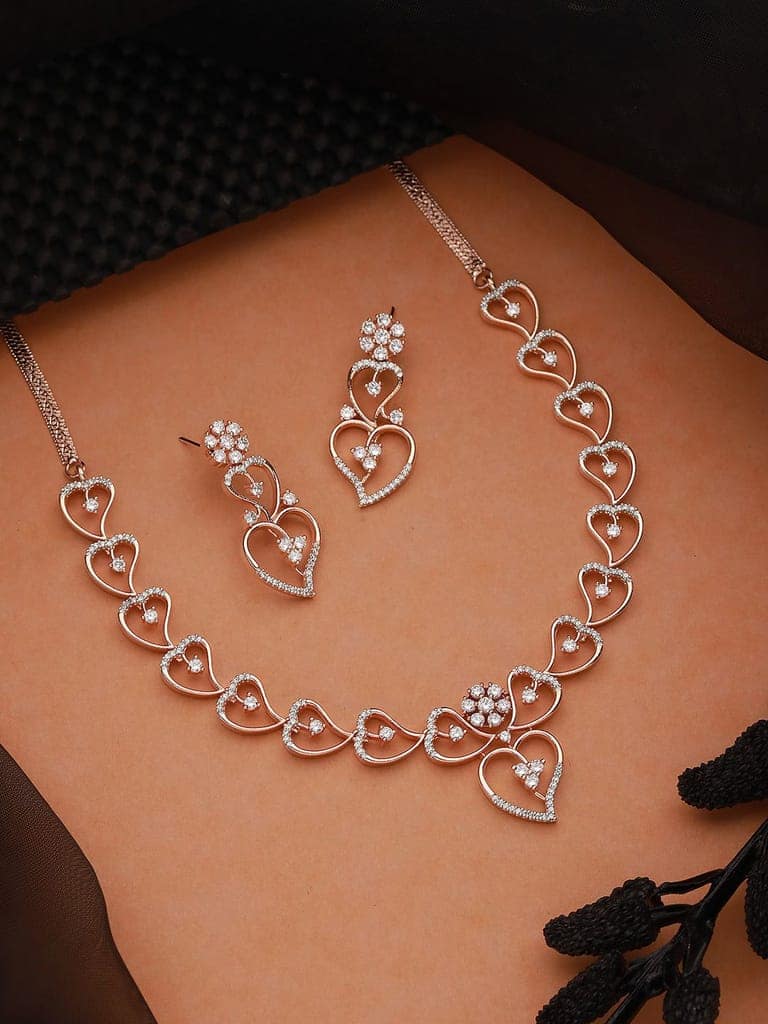 Rose Gold Toned CZ Studded Heart Shaped Minimal Jewellery Set view 2