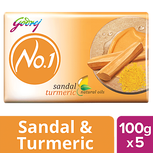 Godrej No.1 Sandal & Turmeric Bathing Soap, With Natural Oils, Gives Glowing Skin, 100 g (Pack of 5)