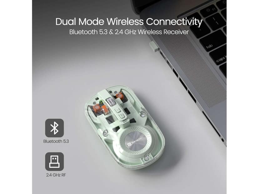 Portronics Toad 8 Transparent Wireless Bluetooth Mouse with Dual Wireless (BT + 2.4 GHz), Rechargeable Battery, Noise-Free Clicking, Show/Hide Desktop, Multi-Device Pair, Adjust Sensitivity - Green view 2