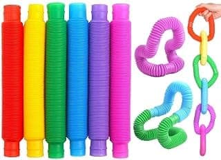 Pop Tubes Fidget Toy, Sensory Tubes, Poppin Pipes for Kids, Stress Relief Stretch Bend Build and Connect Toy, Fidget Toys for Sensory Learning, Colorful Pop Tubes (Pack of 6)