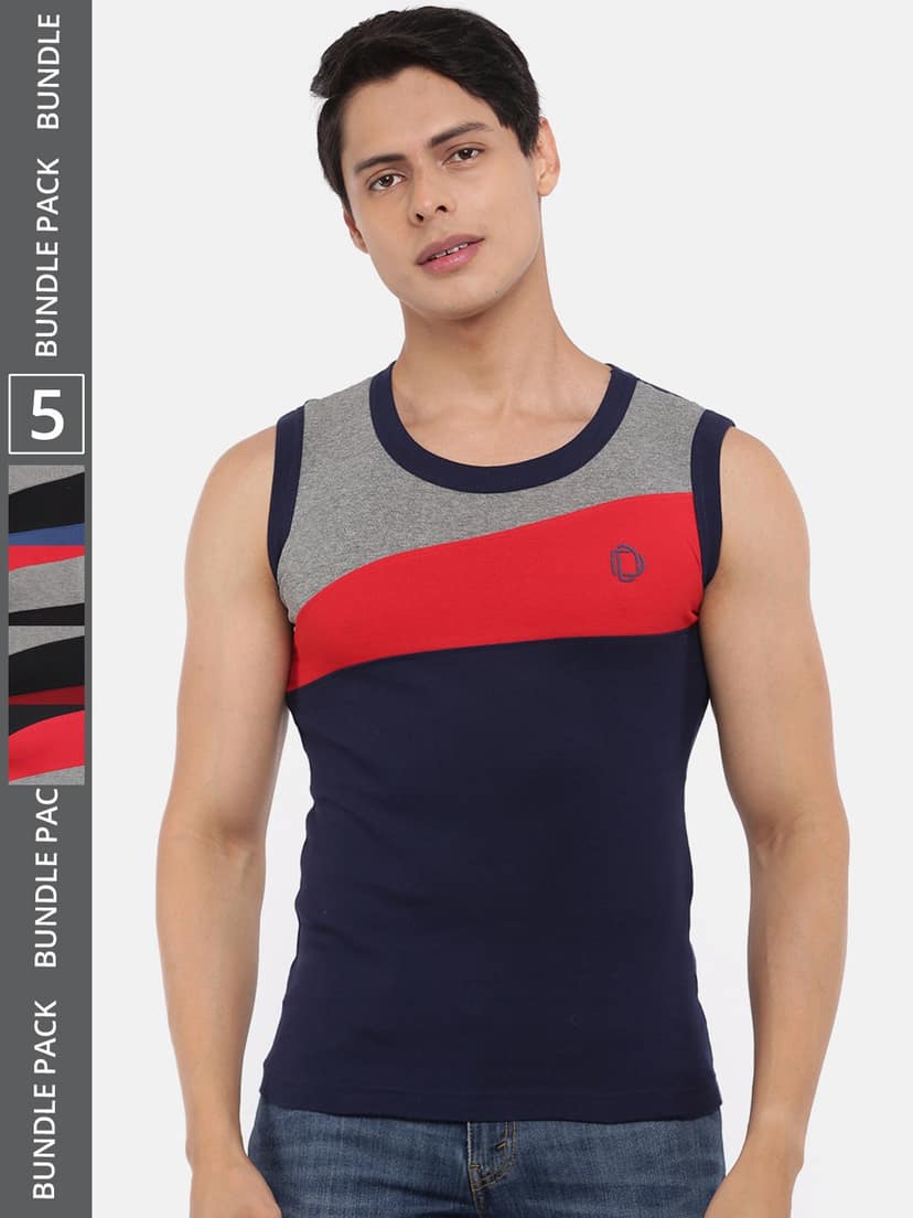 Men's Assorted Pack of 5 Solid Combed Cotton Racerback Styled Gym Vest