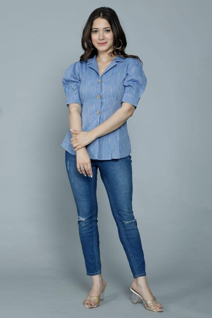 Women's Casual Solid Blue Shirt with Puff Sleeves