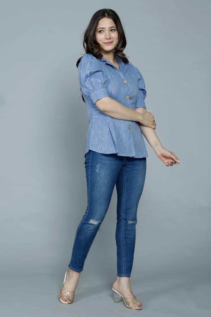 Women's Casual Solid Blue Shirt with Puff Sleeves view 5