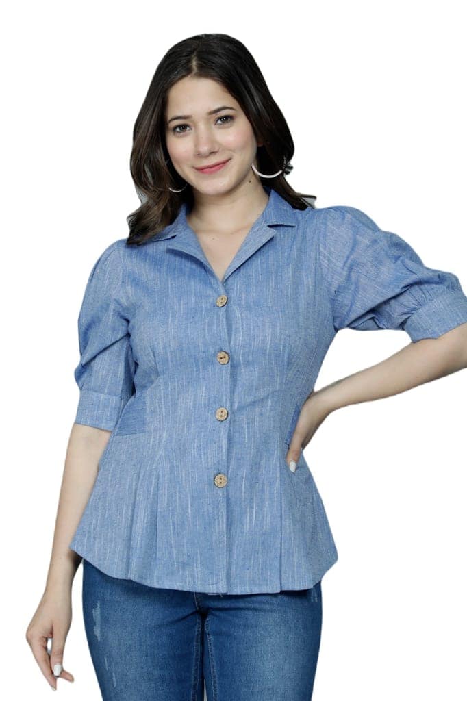 Women's Casual Solid Blue Shirt with Puff Sleeves view 6