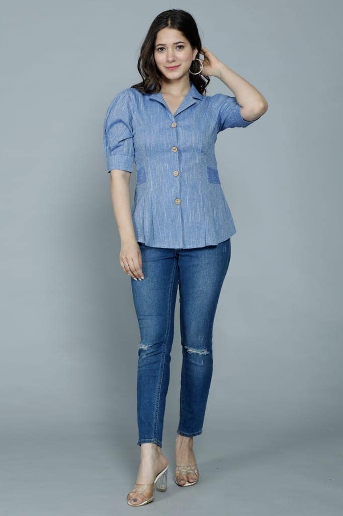 Women's Casual Solid Blue Shirt with Puff Sleeves view 7
