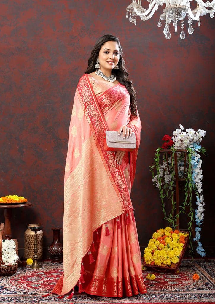 Peach Cotton Woven Design with Zari Weaving Design Saree view 2