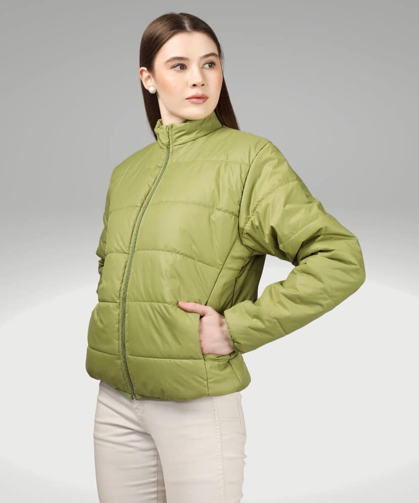 BlueFicus Polyester Solid Bomber Jacket Full Sleeves Jacket for Women's and Girls (Green) view 5