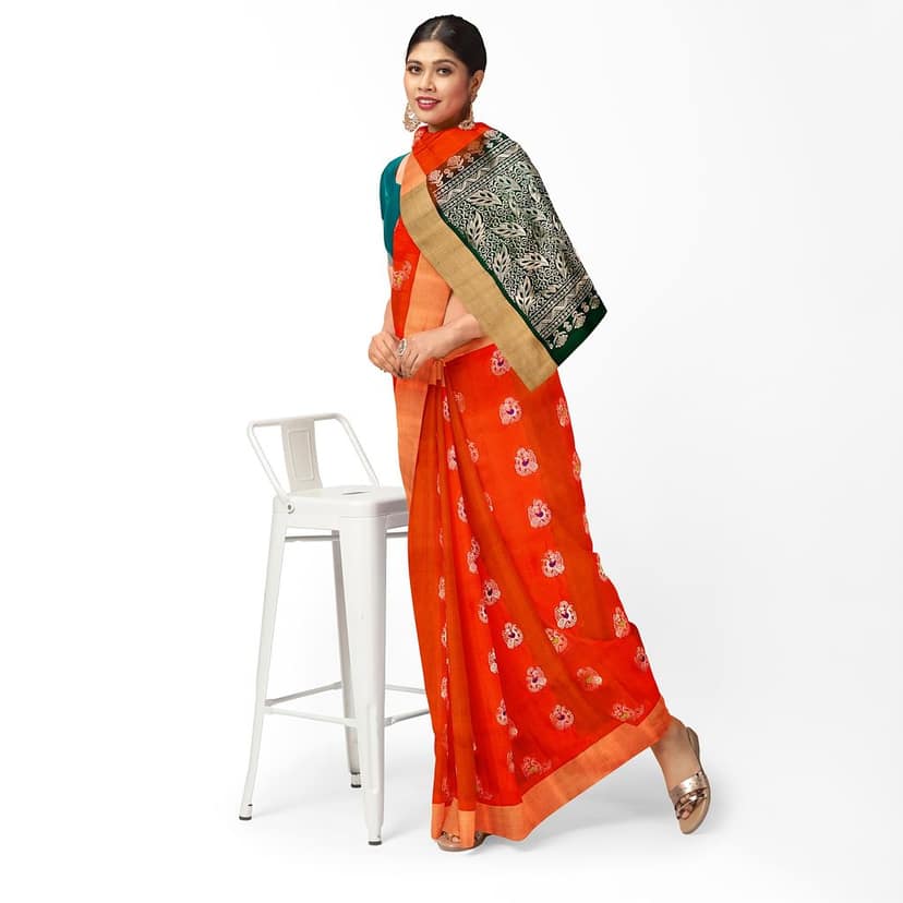 Dark Orange Color Beautiful Meena Work Peacock Butta Pure Kanjivaram Silk Saree view 2