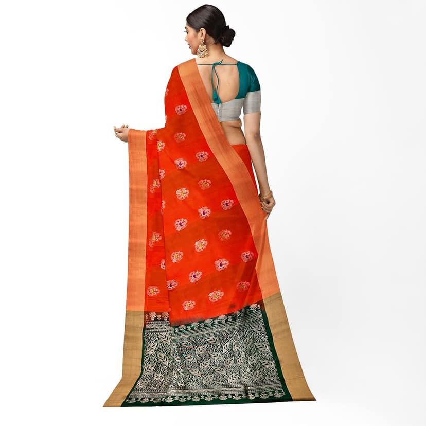 Dark Orange Color Beautiful Meena Work Peacock Butta Pure Kanjivaram Silk Saree view 3