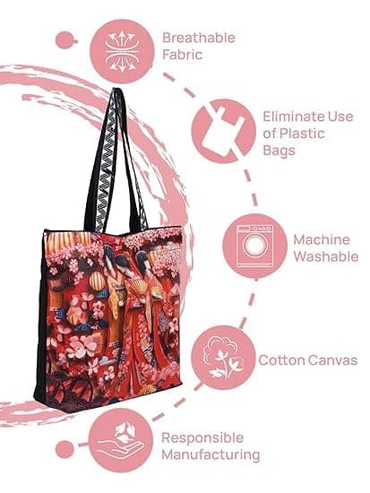 WOTM On The Move Tote | Premium Printed Cotton Canvas Tote Bag with Zipper & Inside Pocket, Stylish Everyday Travel Bag for Work, College, Office, Travel, Shopping view 5