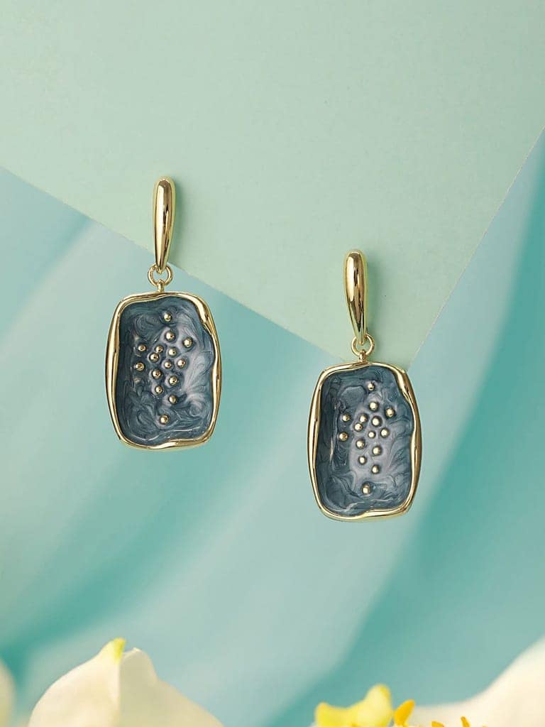 Anti-Tarnish 18k Gold Plated Grey Enamelled Golden Dot Drop Earrings view 2