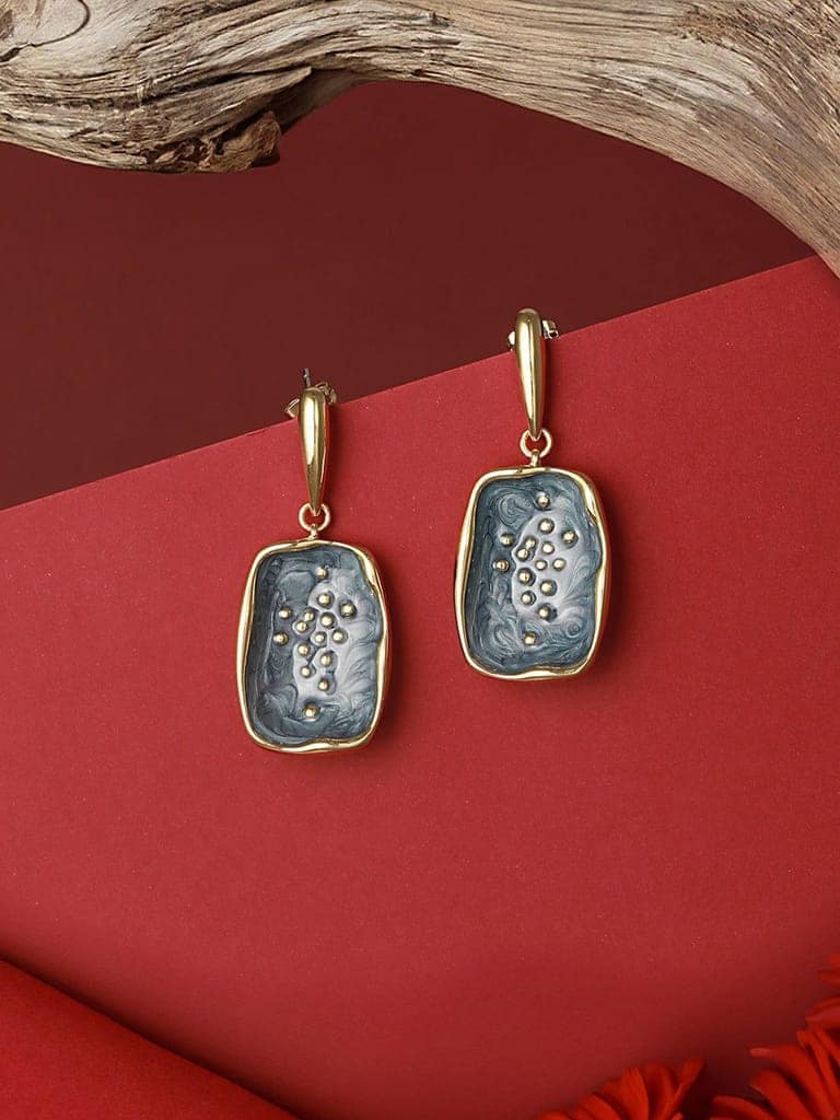 Anti-Tarnish 18k Gold Plated Grey Enamelled Golden Dot Drop Earrings view 8