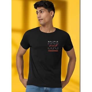 Casualbud BLACK Polyester Printed Regular Fit Tshirt for Men