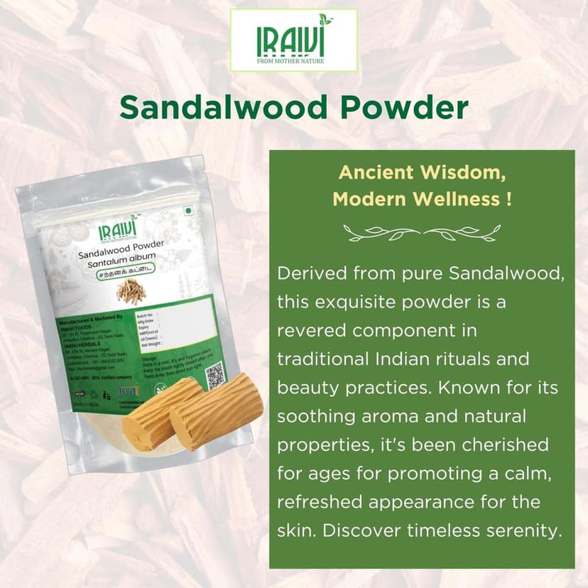 IRAIVI Premium Sandalwood Powder 200g | Chandanam | Sandhanam| Chandan | 100% Pure Natural Skin Enhancer & Aromatic | Promotes Soothed Skin, Clarity & Glow | Traditional Beauty Secret view 2