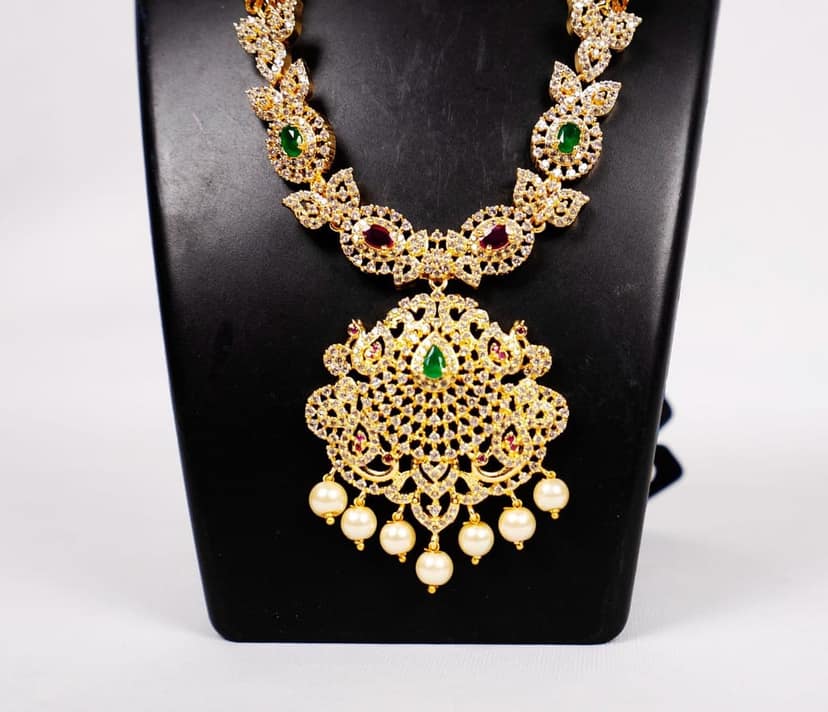 **Indian Traditional Gold Plated Kempu Stone Necklace Set With Black Beads** view 2