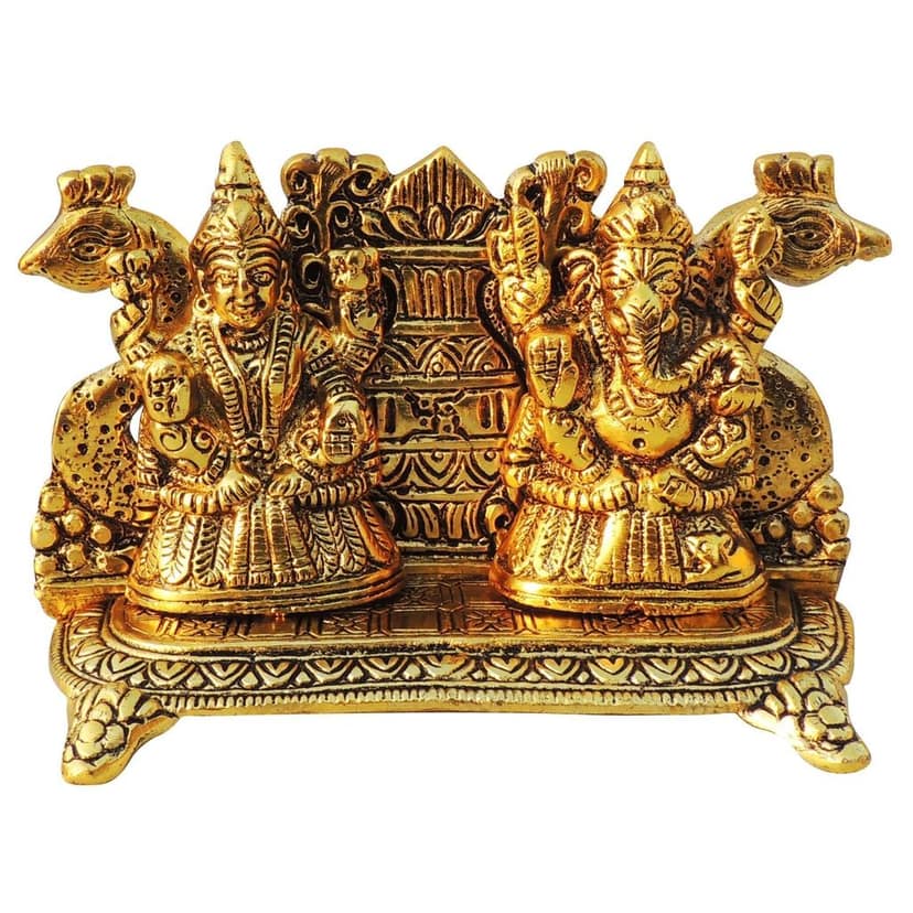 Aluminium Peacock Laxmi Ganesh Statue | Premium Religious Showpiece, Height : 4 Inch (ASMAS436 G) view 3
