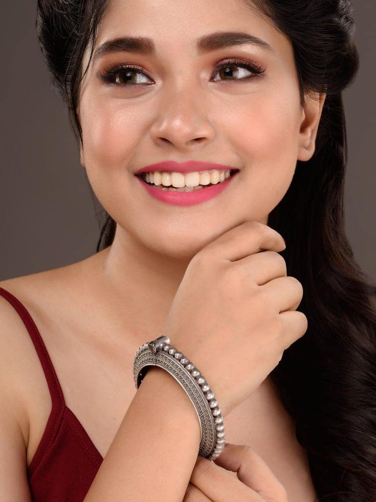 Oxidised Silver Toned Tribal kada Bracelet view 3
