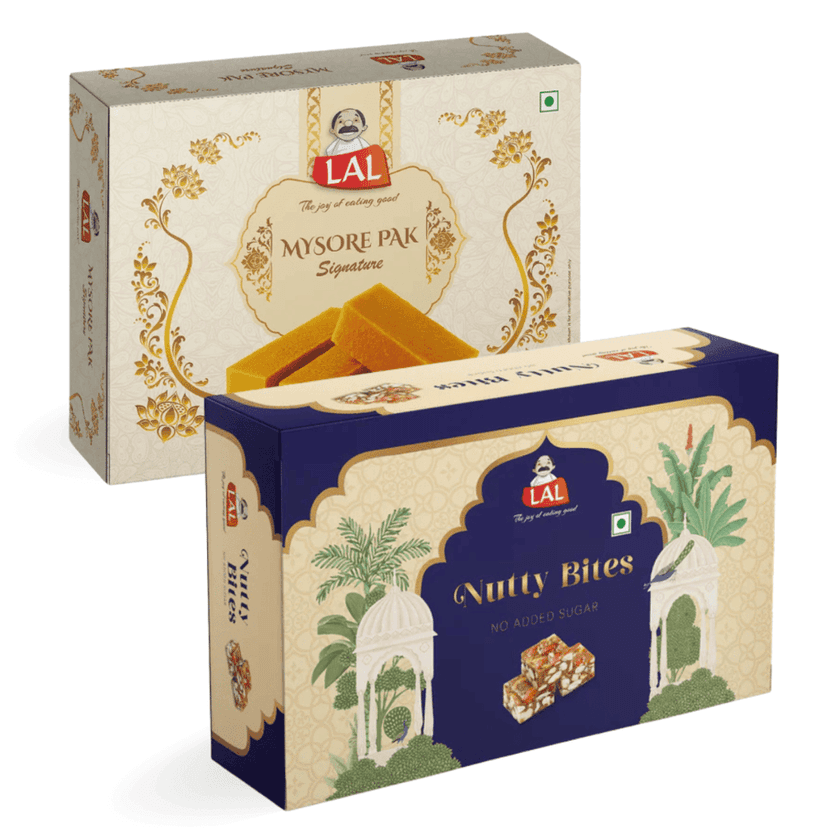 Lal Sweets Combo Pack of Mysore Pak Signature 400g and Sugarless Nutty Bites 400g || Made With Cow Ghee || Dryfruit Mixed Sweet || Traditional Taste Of Mysuru || Dry Dates Mithai || Best Combo Indian Mithai