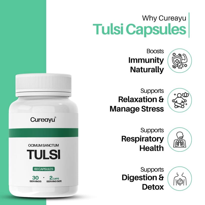 Cureayu Tulsi Capsules | Ayurvedic Immunity & Wellness Support | Reduces Stress view 2