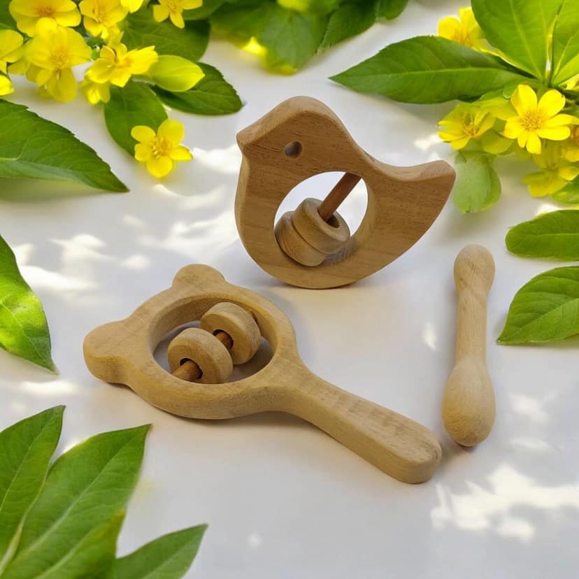 Neemtoys Neem Wooden Combo of Rattles & Teether, Dove, Mickey Head and Dumbbell Shapes Teether, Teething Toy for Babies with Multiple Textured Surface (Brown) view 2