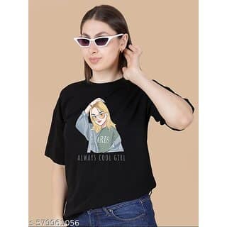 Wexam Style Women Black Printed Round Neck Short Sleeve Top