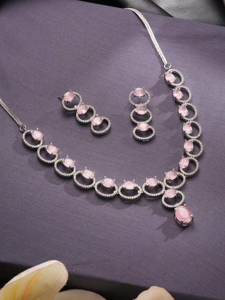 Silver Toned Pink AD Zircon Studded Minimal Designer Necklace Jewellery Set view 3