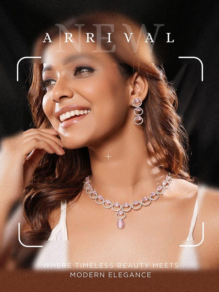 Silver Toned Pink AD Zircon Studded Minimal Designer Necklace Jewellery Set view 5