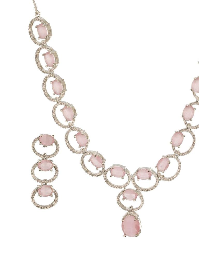 Silver Toned Pink AD Zircon Studded Minimal Designer Necklace Jewellery Set view 6