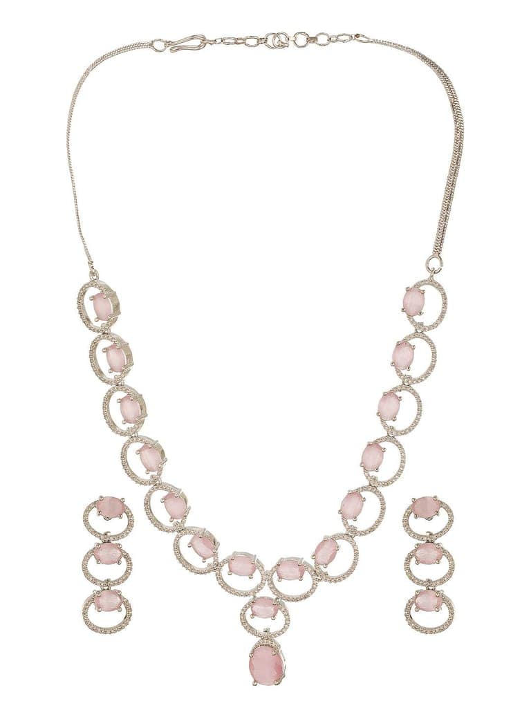 Silver Toned Pink AD Zircon Studded Minimal Designer Necklace Jewellery Set view 7