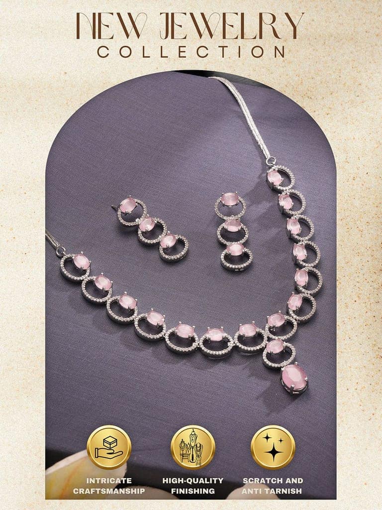 Silver Toned Pink AD Zircon Studded Minimal Designer Necklace Jewellery Set view 8