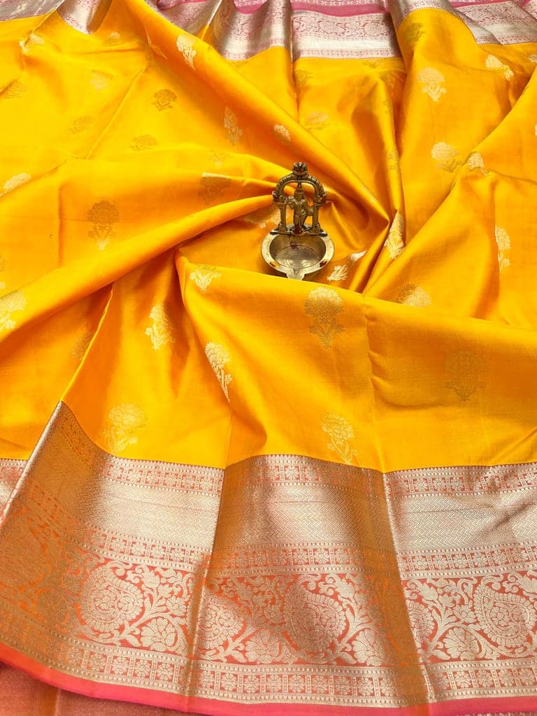 Yellow with Light Red Color Floral Butta Design Silk Saree with Unstitched Blouse view 2