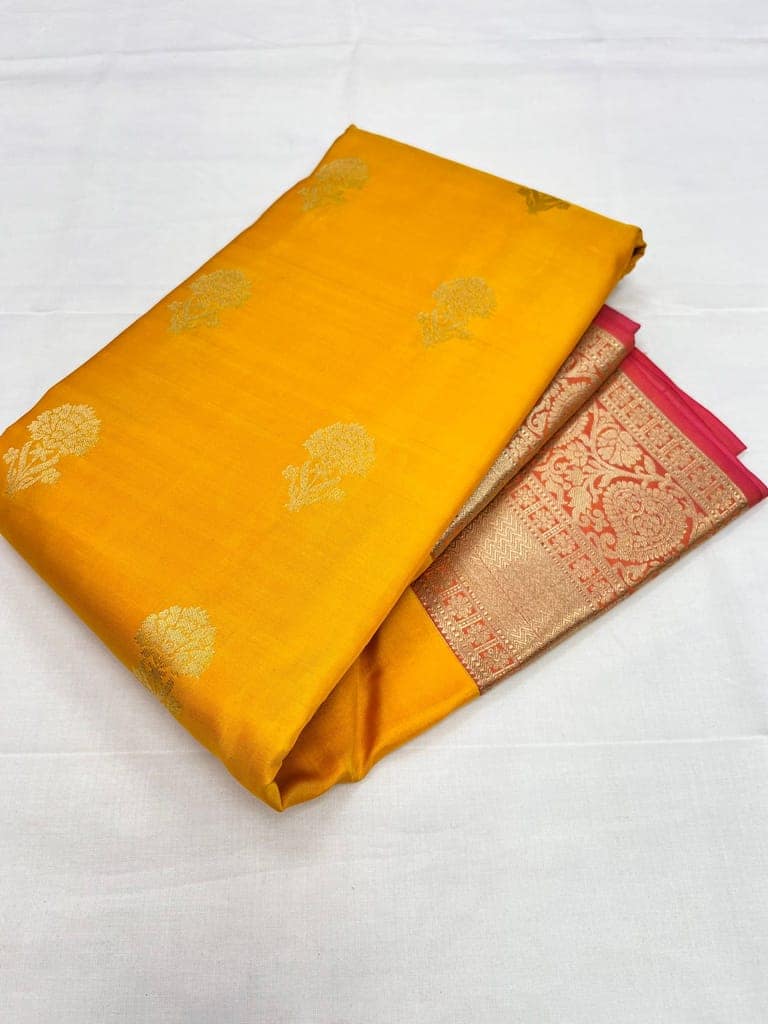 Yellow with Light Red Color Floral Butta Design Silk Saree with Unstitched Blouse view 3