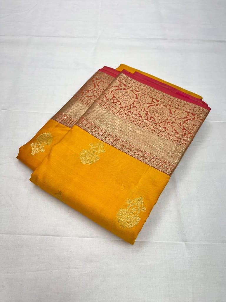 Yellow with Light Red Color Floral Butta Design Silk Saree with Unstitched Blouse view 4