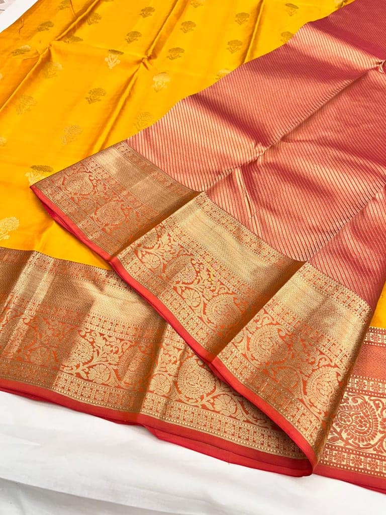 Yellow with Light Red Color Floral Butta Design Silk Saree with Unstitched Blouse view 5