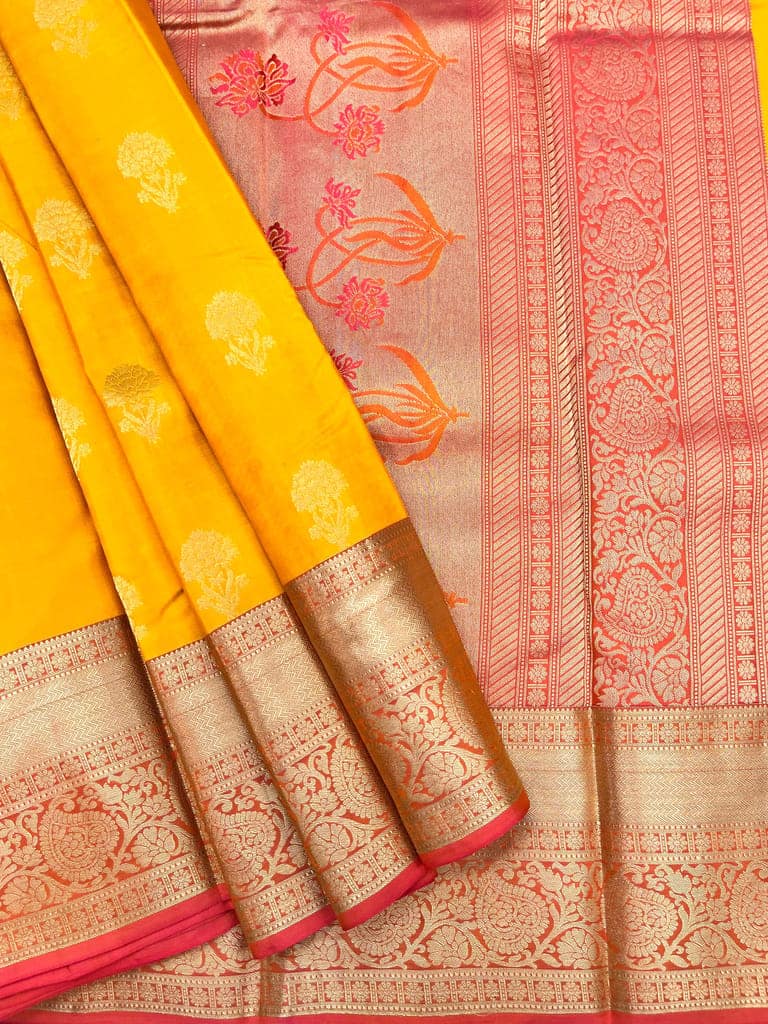 Yellow with Light Red Color Floral Butta Design Silk Saree with Unstitched Blouse view 6