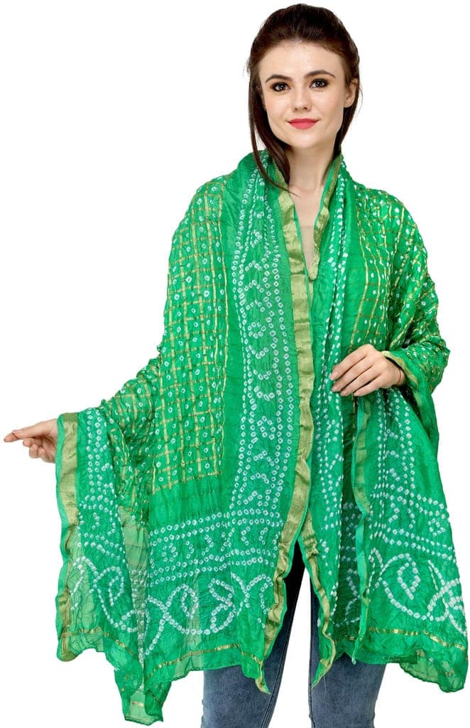 Bright-Green Bandhani Tie-Dye Gharchola Dupatta from Jodhpur with Golden Thread Weave view 2